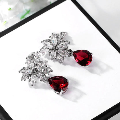 Fashion New Inlaid Water Drop Pear-shaped Red Zircon Copper Earrings Wholesale