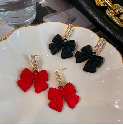 Fashion New Inlay Rhinestone Black Red Bow Alloy Stud Earrings