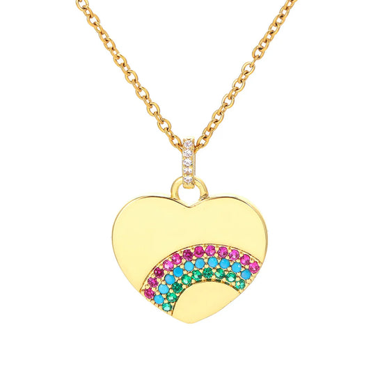 Fashion New Rainbow Pendant Heart Shaped Copper Inlaid Zircon Necklace