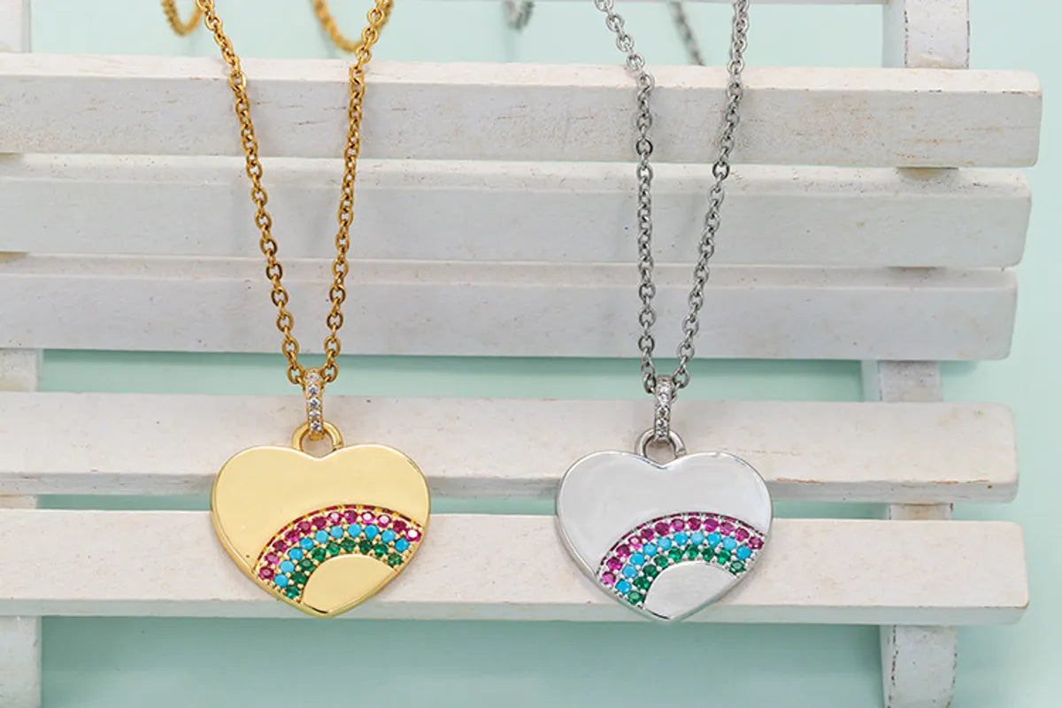 Fashion New Rainbow Pendant Heart Shaped Copper Inlaid Zircon Necklace