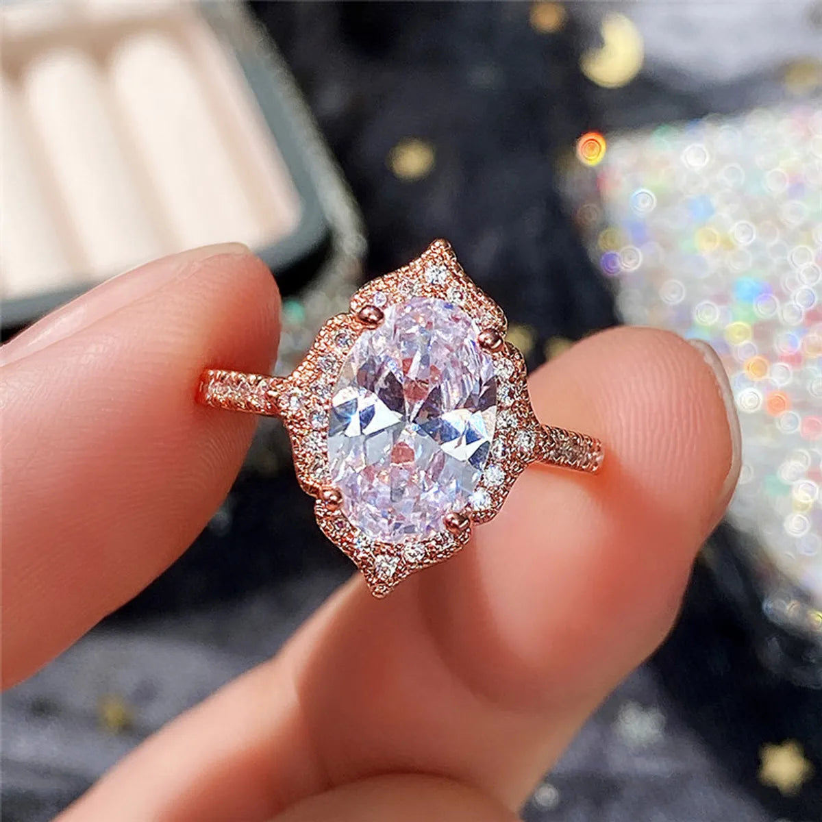 Fashion New Rose Gold Plated Zircon Round Diamond Princess Copper Ring