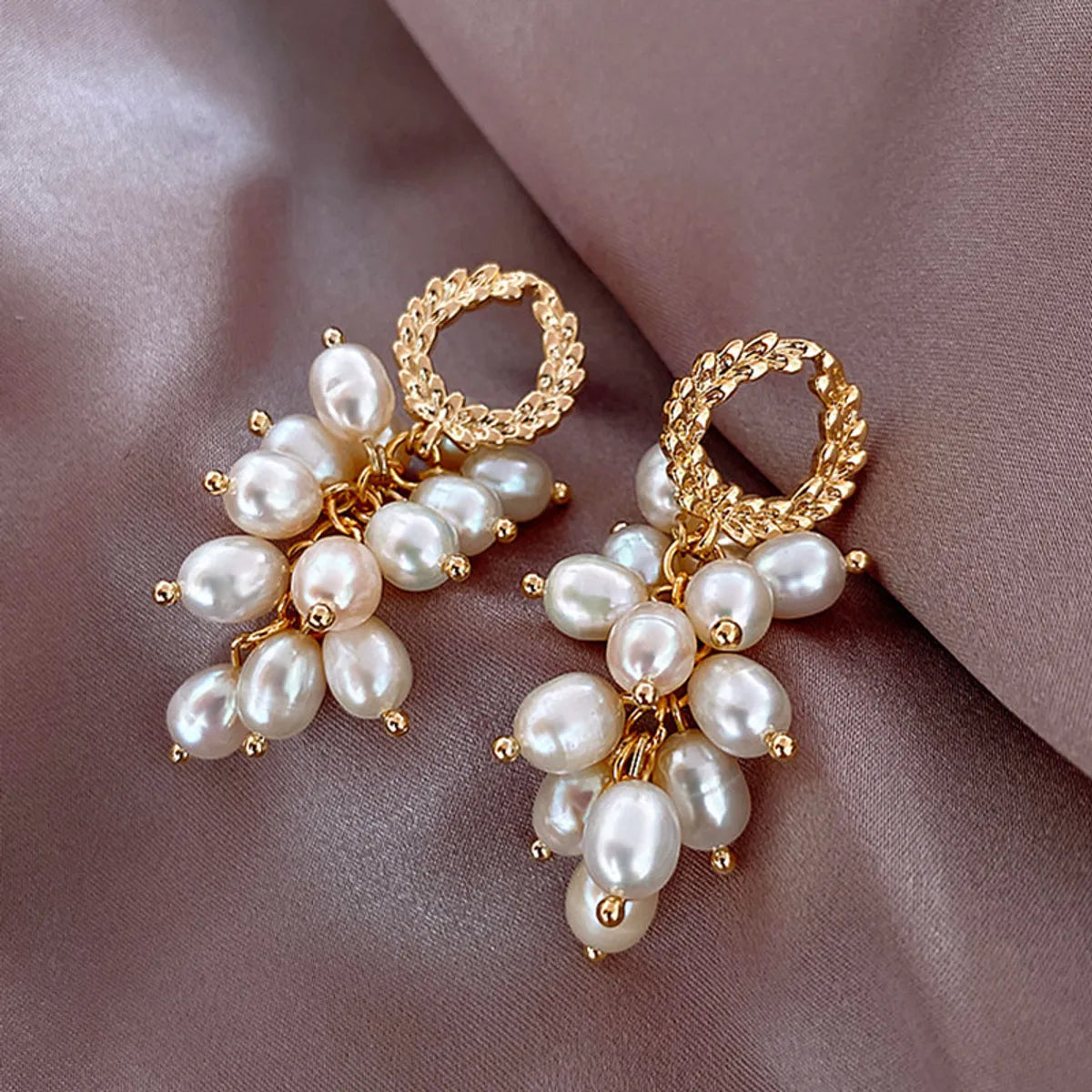 Fashion New S925 Silver Needle Pearl Grape Bunch Tassel Wheat Long Earrings