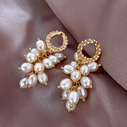 Fashion New S925 Silver Needle Pearl Grape Bunch Tassel Wheat Long Earrings