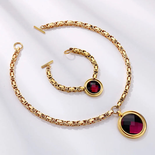 Fashion New Stainless Steel Single-piece Chain Round Multi-color Glass Stone Female Bracelet And Necklace Set