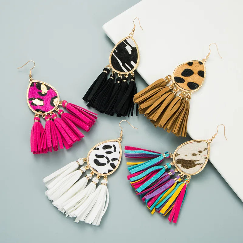 Fashion New Tassel Leather Horsehair Print Leopard Earrings