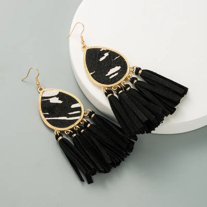 Fashion New Tassel Leather Horsehair Print Leopard Earrings