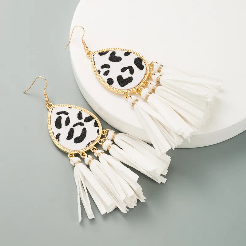 Fashion New Tassel Leather Horsehair Print Leopard Earrings