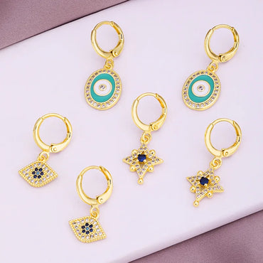 Fashion Oil Dripping Evil Eyes Copper Inlaid Zircon Plated 18k Real Gold Geometric Earrings