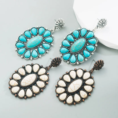 Fashion Oval Alloy Inlay Turquoise Drop Earrings