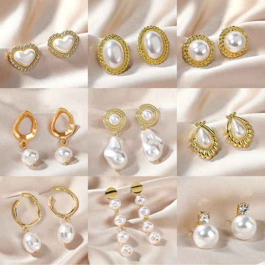 Fashion Oval Heart Shape Pearl Metal Rhinestones Earrings 1 Pair