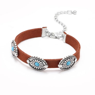 Fashion Oval Pu Leather Inlay Turquoise Bracelets Necklace