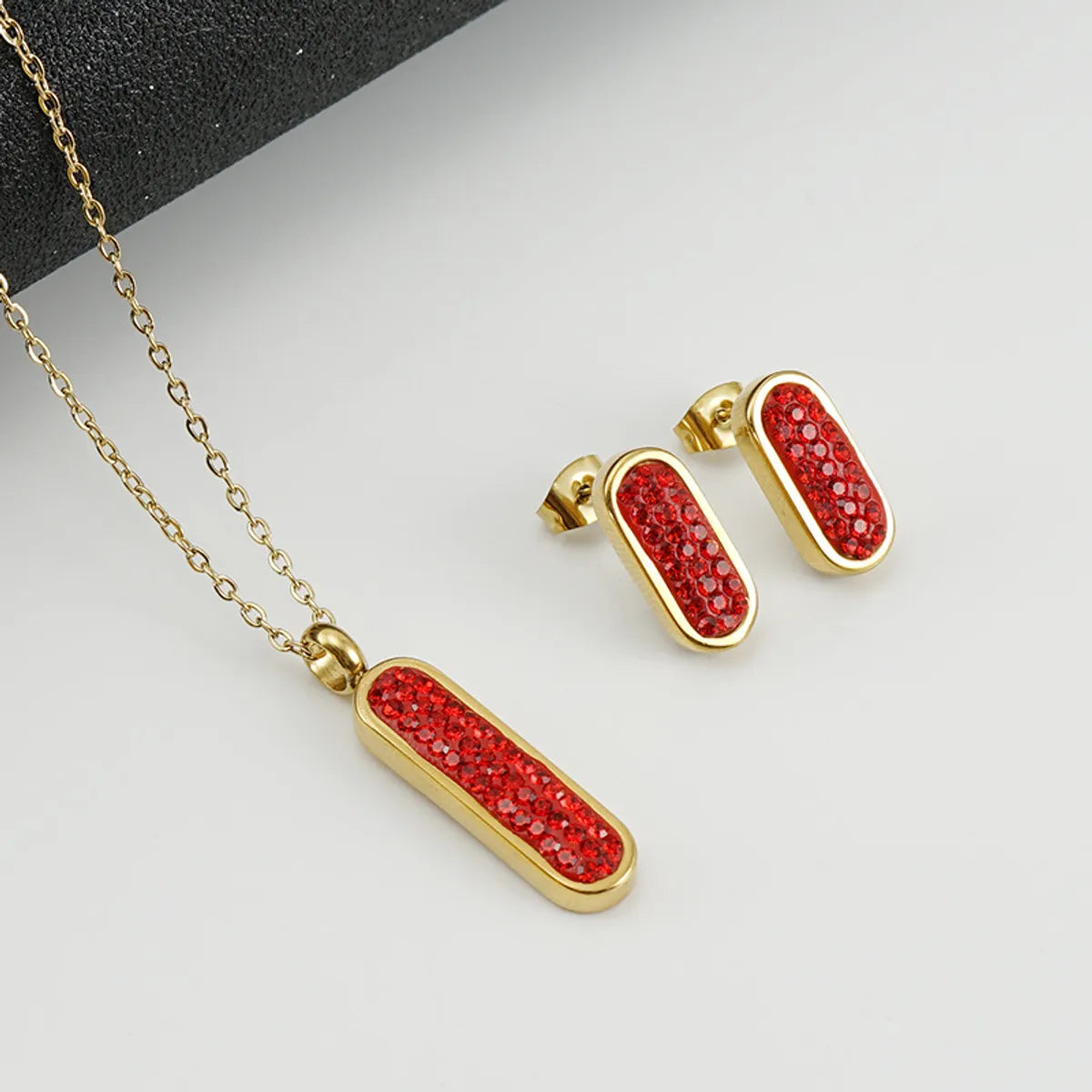 Fashion Oval Stainless Steel Plating Zircon Earrings Necklace 1 Set