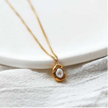 Wholesale Jewelry Vintage Style Geometric 304 Stainless Steel Titanium Steel Freshwater Pearl Pearl 18K Gold Plated Inlaid Gold Necklace