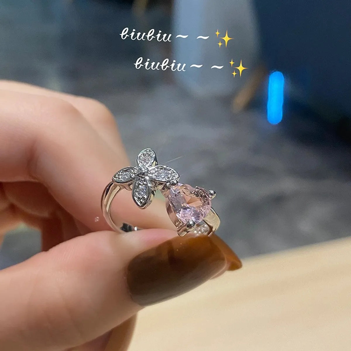 Fashion Pear Inlaid Zircon Opening Adjustable Flower Ring