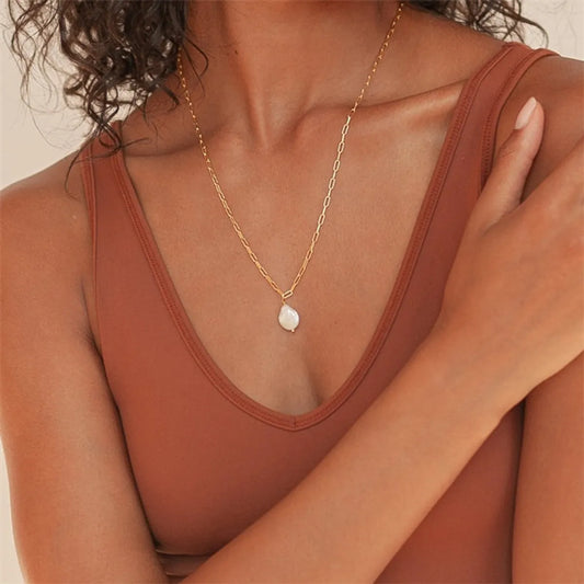 Fashion Pearl Paper Clip Necklace Simple Copper Plated 14k Gold Necklace