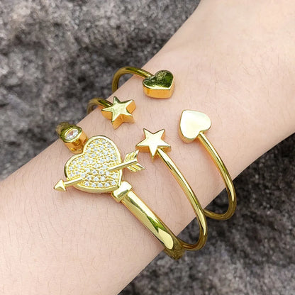 Fashion Pentagram Heart Shape Arrow Copper Gold Plated Zircon Bangle 1 Piece