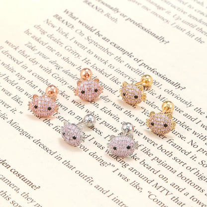 Fashion Pink Cat Earrings Piercing Screw Ball Ear Studs