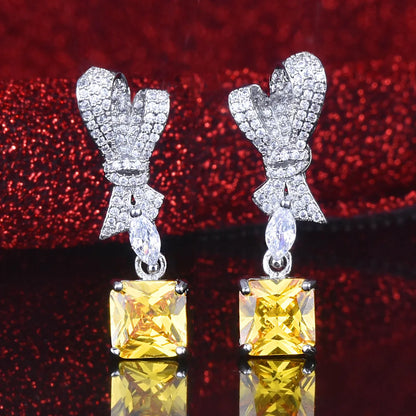 Fashion Pink Yellow Diamond Pendant Full Diamond Bow Copper Earrings