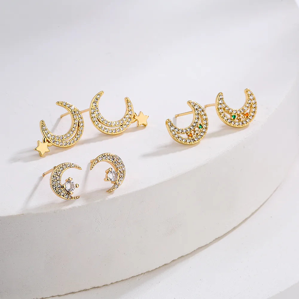 Fashion Plated 18k Gold Micro Inlaid Zircon Moon-Shaped Copper Ear Stud Earrings