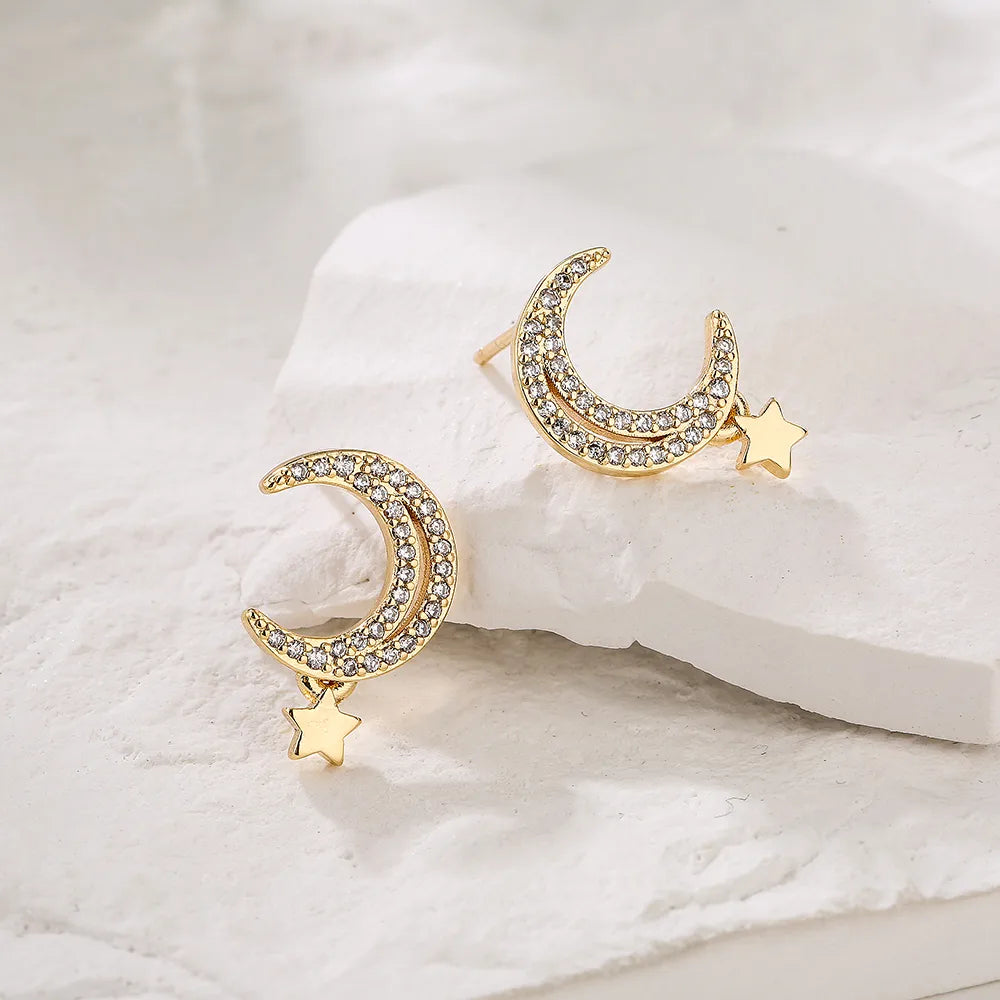 Fashion Plated 18k Gold Micro Inlaid Zircon Moon-Shaped Copper Ear Stud Earrings