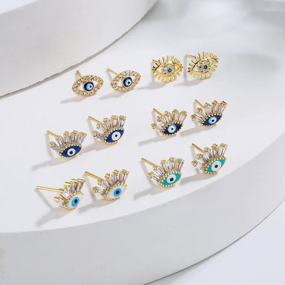 Fashion Plating 18k Gold Micro Inlaid Zircon Eye Copper Ear Stud Earrings