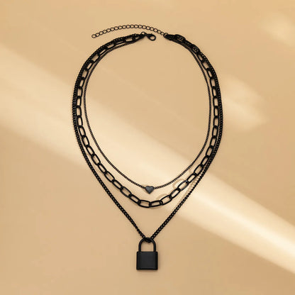 Fashion Punk Black Cross Chain Geometric Heart Lock Shaped Alloy Necklace