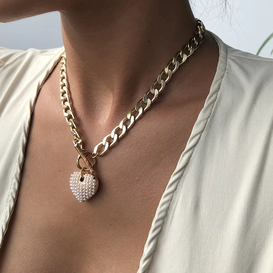 Fashion Punk Style New Pearl Heart-Shape Necklace For Women Bold Water Wave Clavicle Chain Simple Necklaces Nihaojewelry