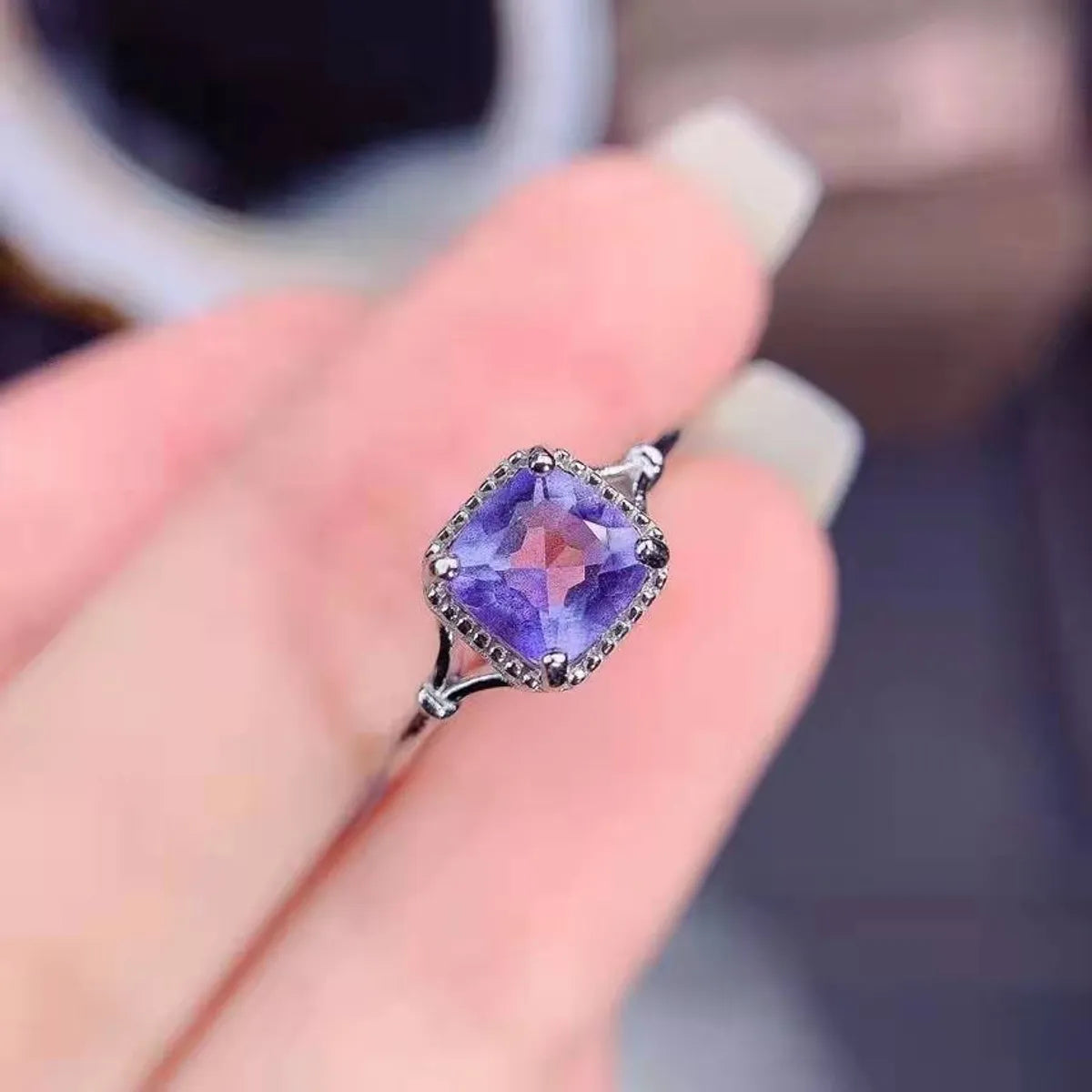 Fashion Purple Diamond Ring Simple Square Blue Diamond Opening Copper Ring