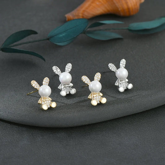 Fashion Rabbit Copper Inlay Artificial Pearls Zircon Ear Studs 1 Pair