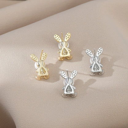 Fashion Rabbit Copper Inlay Artificial Pearls Zircon Ear Studs 1 Pair