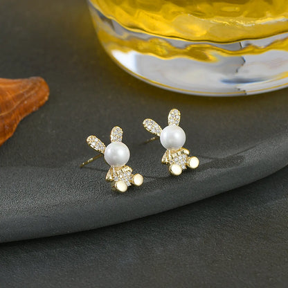 Fashion Rabbit Copper Inlay Artificial Pearls Zircon Ear Studs 1 Pair