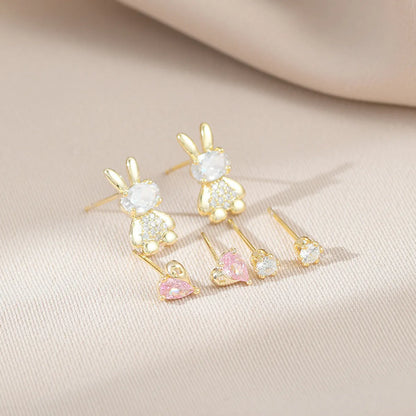 Fashion Rabbit Round Heart Shape Copper Plating Inlay Zircon Ear Studs 1 Set