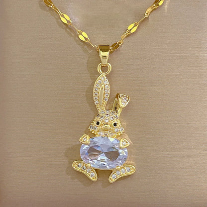 Fashion Rabbit Titanium Steel Copper Inlay Rhinestones Pendant Necklace