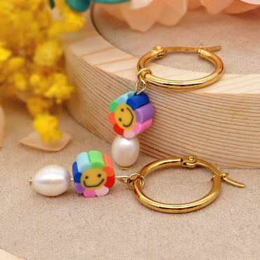 Fashion Rainbow Smile Face Pearl Stainless Steel Big Earrings