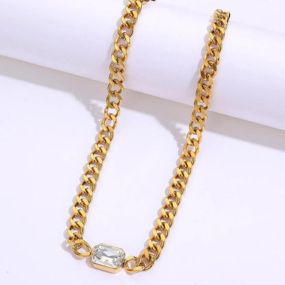 Fashion Rectangle Stainless Steel Plating Zircon 18k Gold Plated Necklace