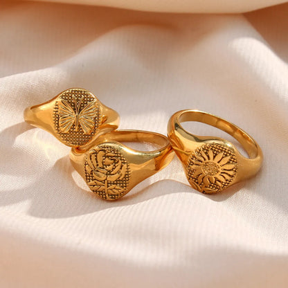 Fashion Retro Carved Flower Butterfly 18k Gold Oval Stainless Steel Ring