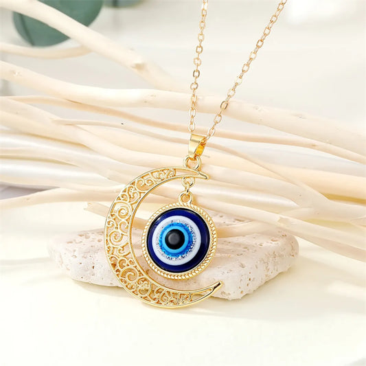 Fashion Retro Hollow Moon Blue Eye Alloy Necklace