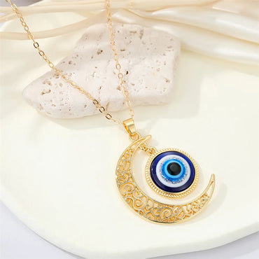 Fashion Retro Hollow Moon Blue Eye Alloy Necklace