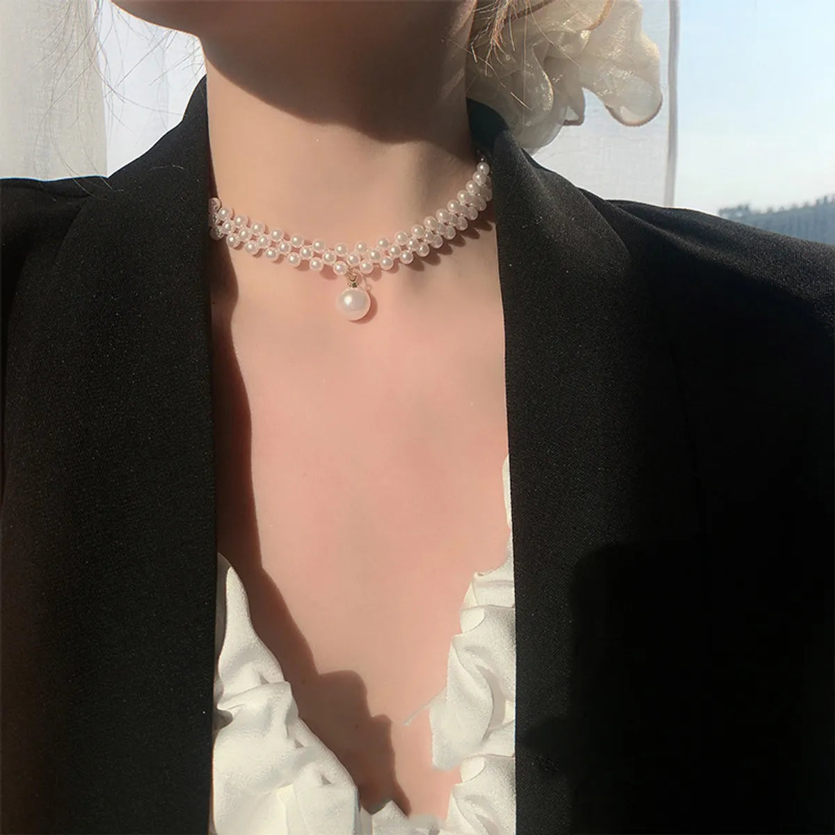 Fashion Retro Pearl Braided Necklace Alloy Clavicle Chain