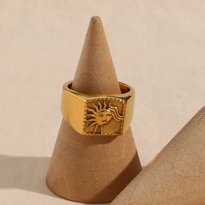 Fashion Retro Plated 18k Gold Casting Sun Stainless Steel Ring