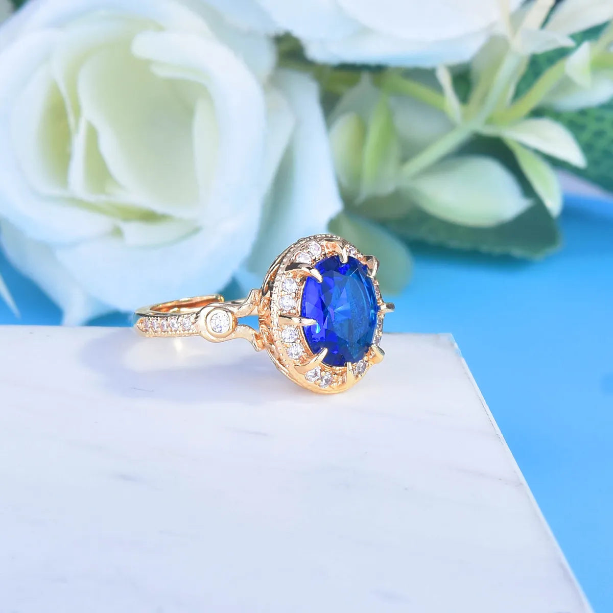 Fashion Retro Rings Royal Blue Jewelry Spinel Sapphire Opening Copper Ring