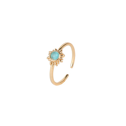 Fashion Retro Sun Gemstone Brass Plated 14k Real Gold Open Adjustable Ring