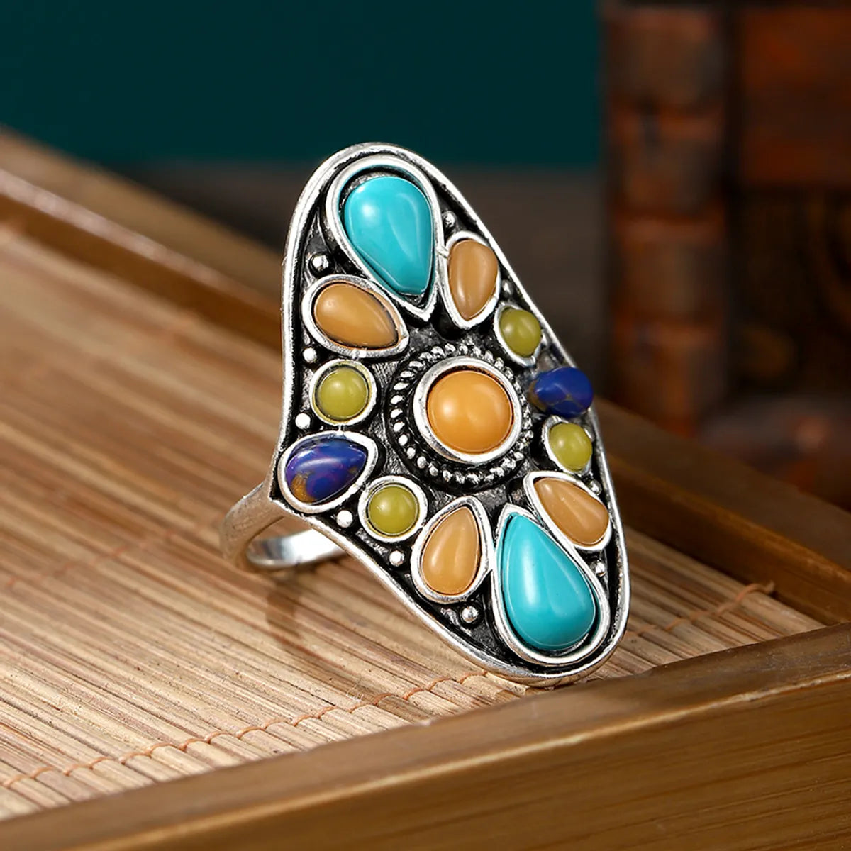 Fashion Retro Turquoise Mixed Color Gemstone Exaggerated Ring