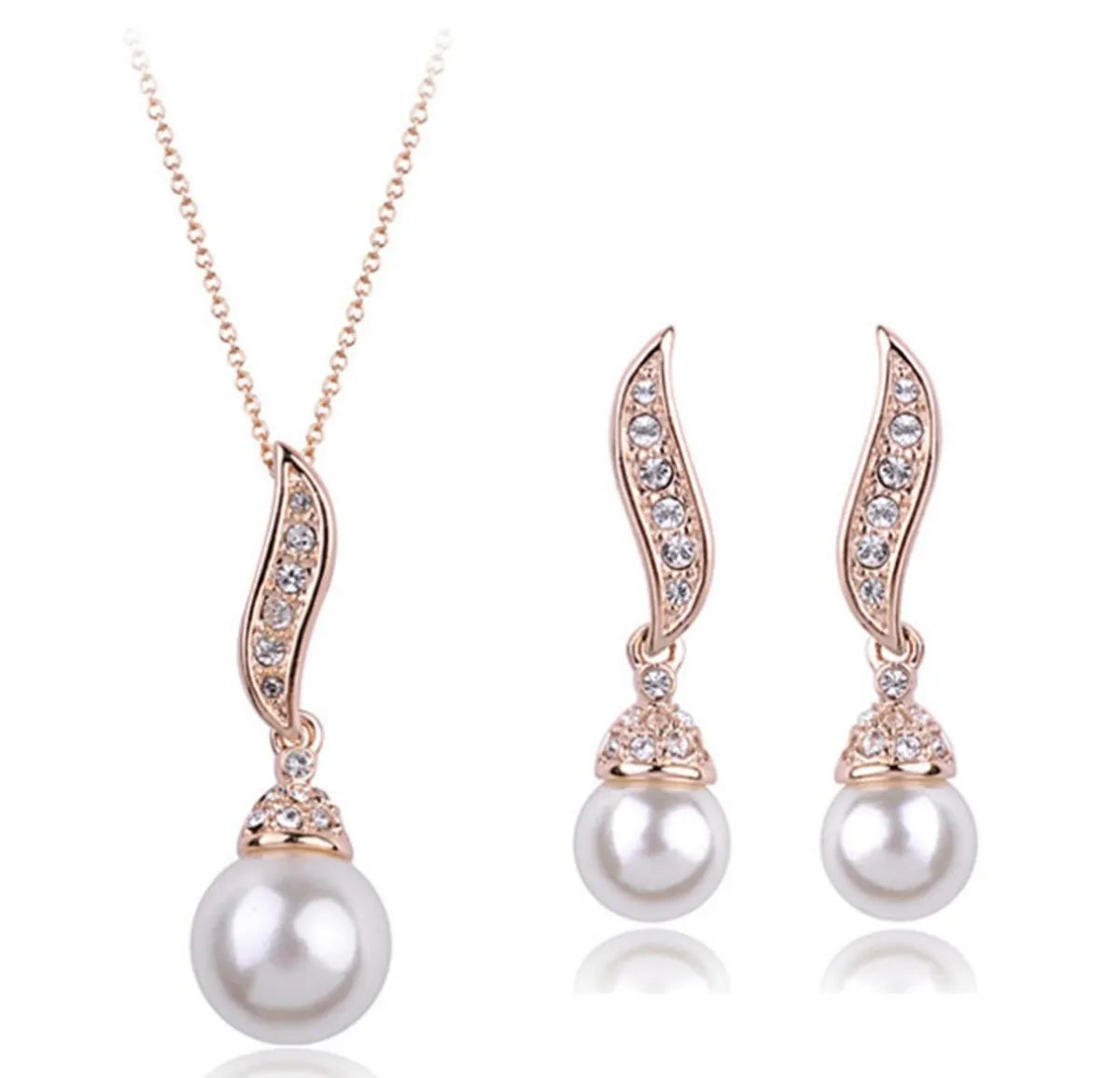 Fashion Rhinestone Angel Wings Pearl Alloy Necklace Ear Stud Two-piece Set