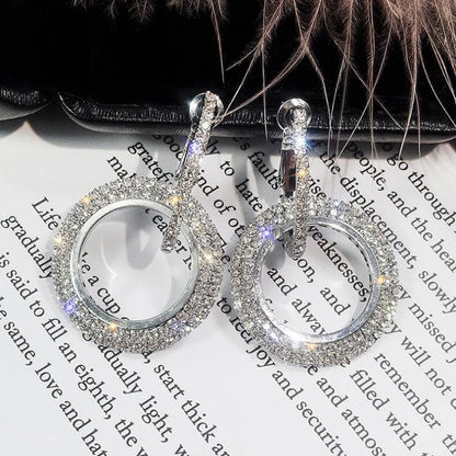 Silver Needle Rhinestone Circle Long Earrings Elegant Korean Personalized Eardrops European And American High-profile Earrings Women Wholesale