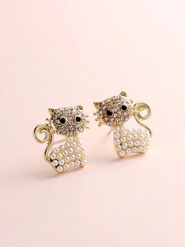 Fashion Rhinestone Pearl Asymmetric Cat Stud Earrings