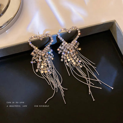 Fashion Rhinestone-studded Rice Beads Heart Tassel Earrings Wholesale