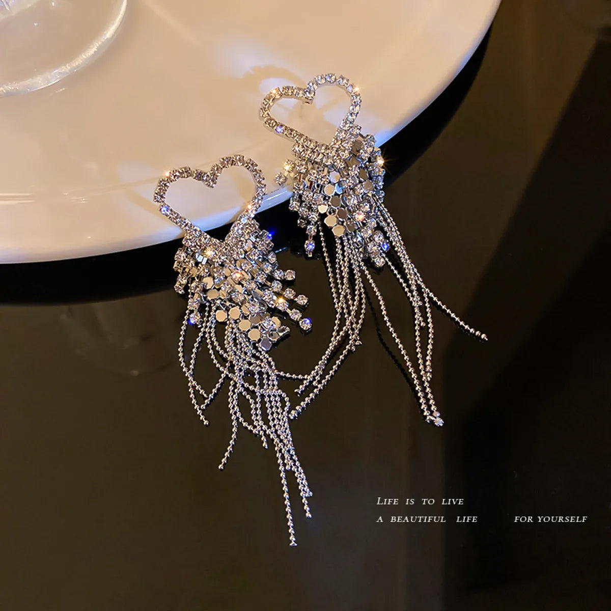 Fashion Rhinestone-studded Rice Beads Heart Tassel Earrings Wholesale