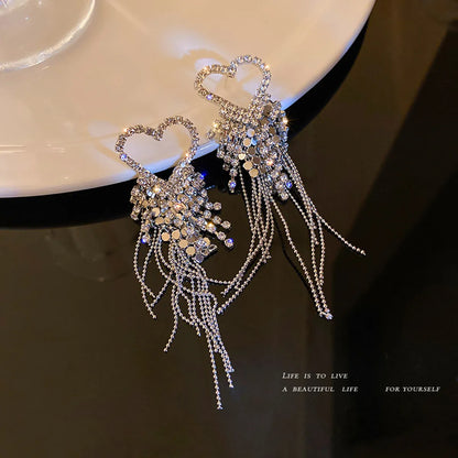 Fashion Rhinestone-studded Rice Beads Heart Tassel Earrings Wholesale