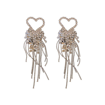 Fashion Rhinestone-studded Rice Beads Heart Tassel Earrings Wholesale